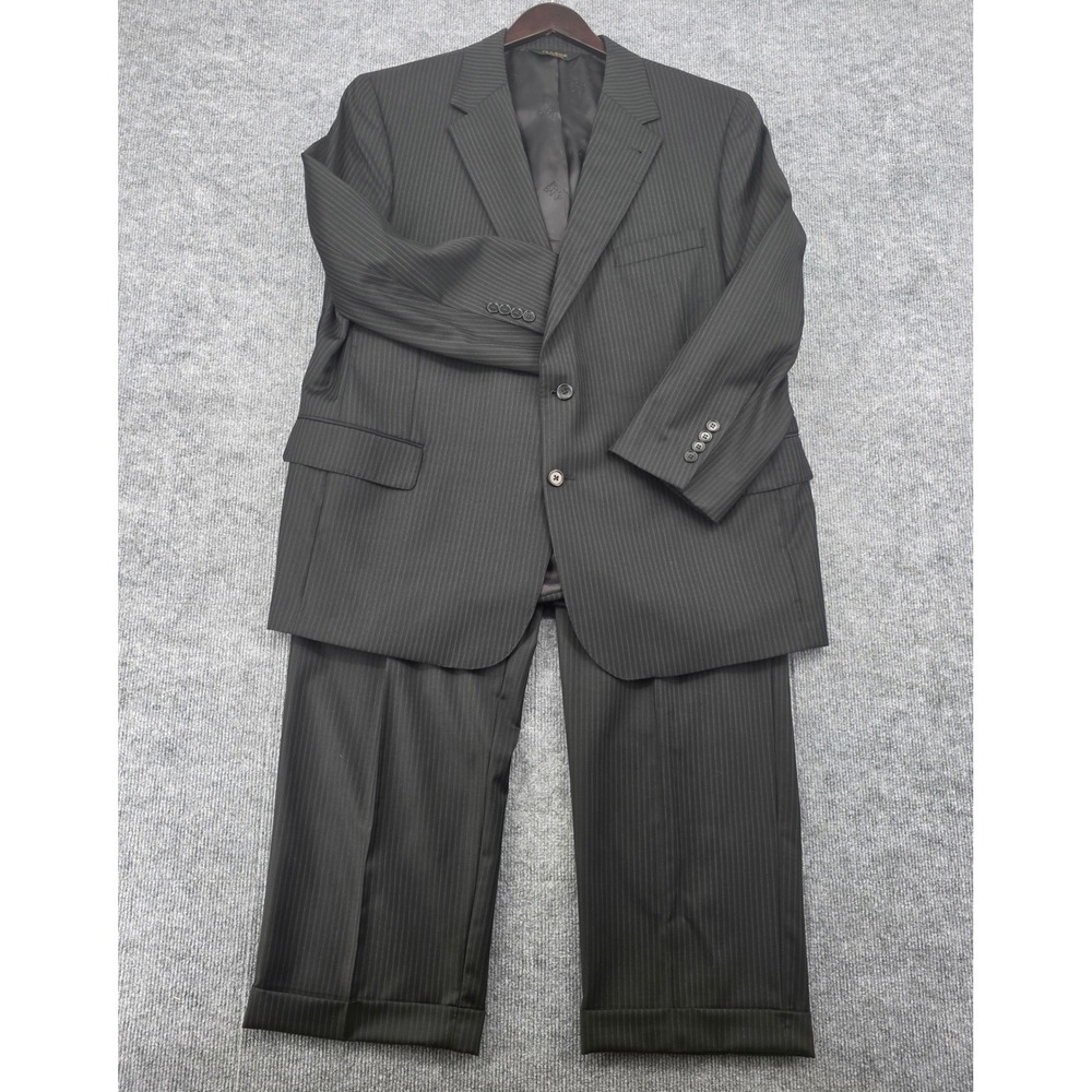 Jos A Bank Signature Gold Mens Suit 48 SH Black Pinstripe 100% Wool 2 Piece Set
